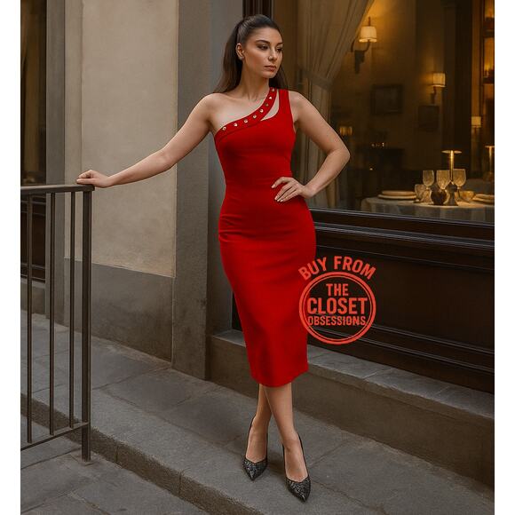 ❤️ ZARA Red Fitted Asymmetrical Cutout Midi Dress NWT ❤️ - Picture 4 of 16